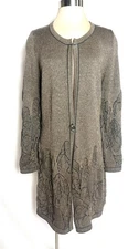 ESCADA  Size 42 L Brown Embroidered Gold Thread  Logo Button Long Cardigan L No