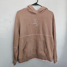 Nike Women's Medium Taupe Tan Hoodie Pullover Sweatshirt White Seams Athleisure