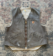 Vintage Carhartt Vest Men's Size Large Gray Sherpa Full Zip Faded Workwear
