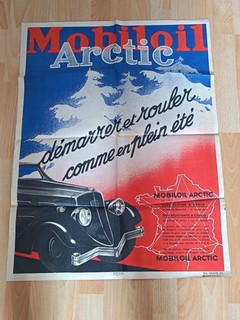 Affiche publicitaire originale MOBILOIL ARCTIC Peugeot 601 vers 1935 Art Déco