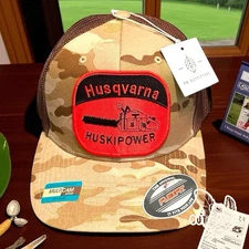 Retro Husqvarna Chainsaw Patch YuPoong Arid Camo Flexfit Trucker Meshback