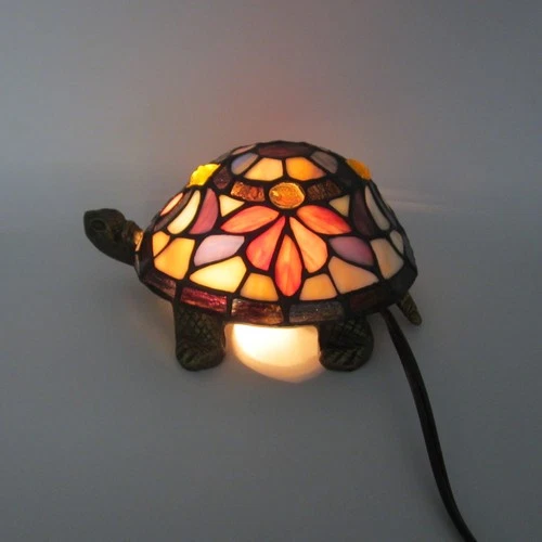 Rare Vintage Tiffany Style Stained Glass Turtle Accent Table Lamp