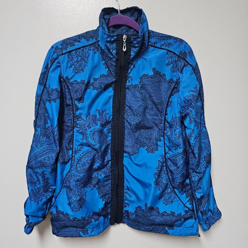 Jaqueta de atletismo feminina Three Hearts corta-vento azul paisley zíper completo tamanho médio - Imagem 2 de 4