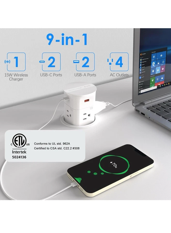 ANNQUAN 3.15" Enchufe Encimera Pop Up con Cargador Inalámbrico 15W, Max 20W Foto 2 de 4