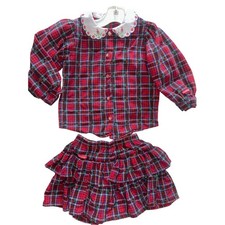 Vintage OshKosh Bgosh Red Plaid Floral Skirt Set 2T Made in USA Holiday Outfit