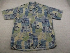 Pierre Cardin Shirt Mens Large Blue Green Rayon Hawaiian Aloha Camp Casual