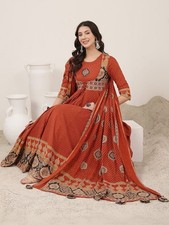 Indian Women Cotton BEAUTIFUL Rust Printed Anarkali Kurta with Trouser  Dupatta