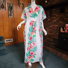 Vtg 80s Hawaiian Goddess Caftan Hibiscus Watteau Belted Pool Dress Maxi Gown OS
