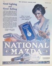 Original 1919 National Mazda Ad: Light Bulbs Woman Lamp Box Art Deco Print