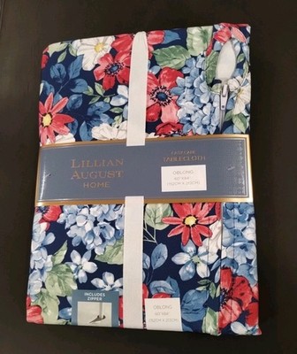 Lillian August PATRIOTIC TABLECLOTH hydrangea floral Easy Care Polyester 120 NEW