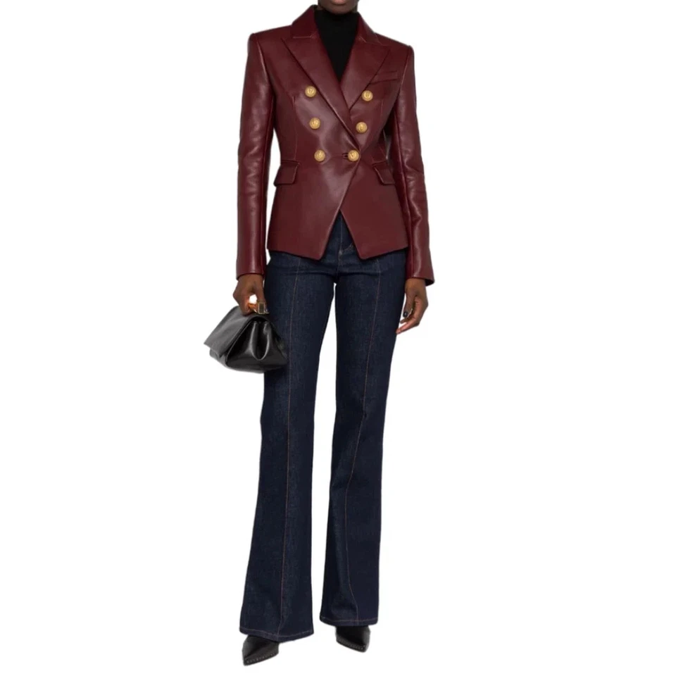 Leather Blazer Jacket Women Size Women's Button Coat Lambskin Vintage Burgundy - Image 3 of 4
