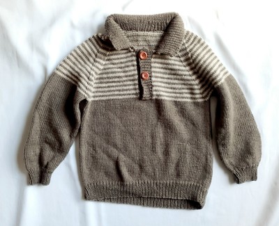 Handmade Knit Jumper Boy's Size 5-6 Taupe Brown Wool Blend Collared Long Sleeve