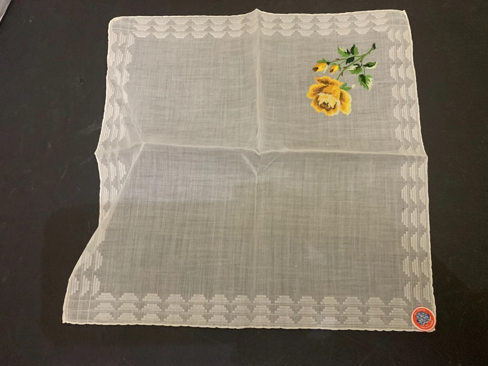复古黄色和绿色花卉刺绣女式棉质手帕 — 第 2/3 张图片