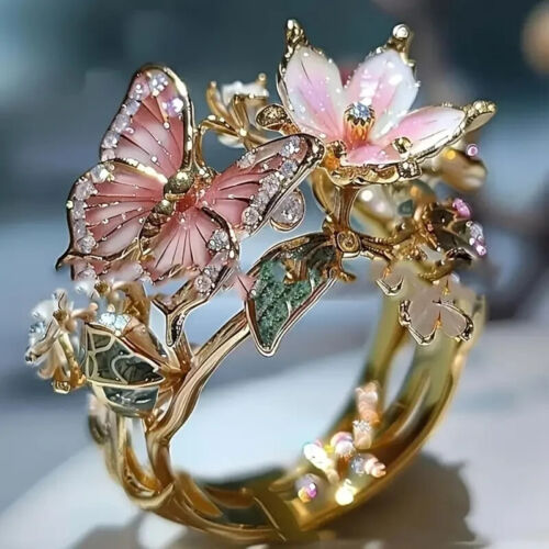 NEW Gold Tone Plated Butterfly PINK Flower Ring adjustable size 6 7 8 9 10 11