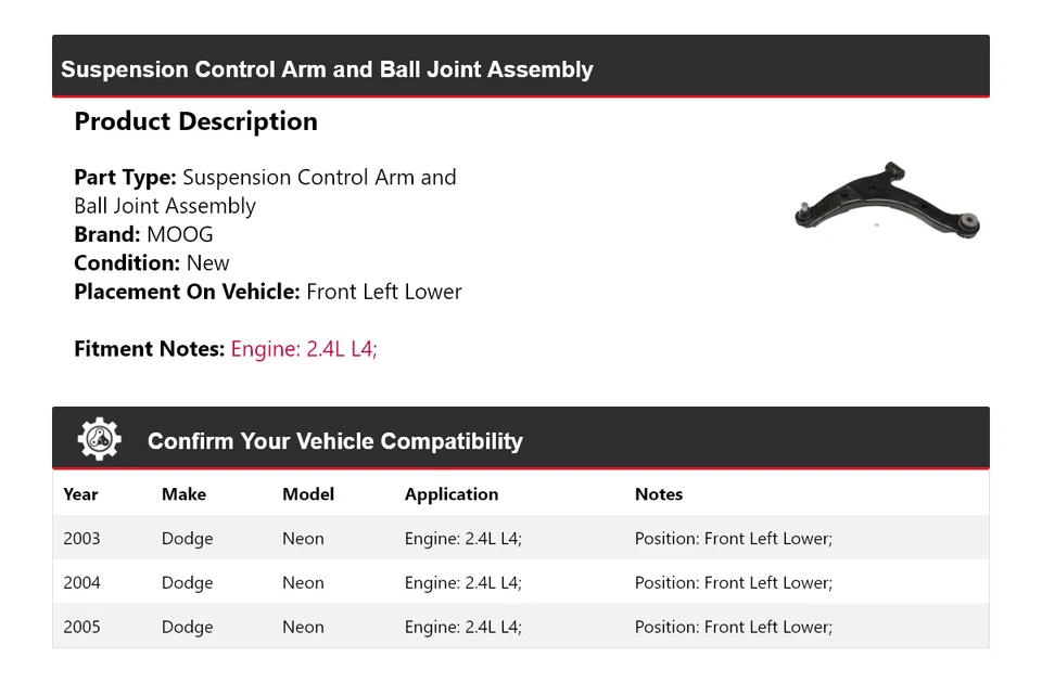 适用于 2003 - 2005 道奇 Neon 2.4L 控制臂左下 MOOG 2003 2004 2005 — 第 2/4 张图片
