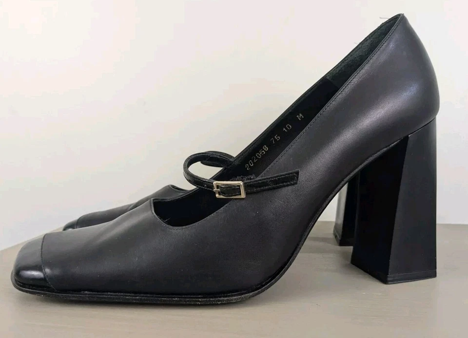 Y2K Bebe Puntera Cuadrada Mary Jane Tacones Cuero Negro Bombas Grueso Tacón Bloque Talla 10 Foto 4 de 4