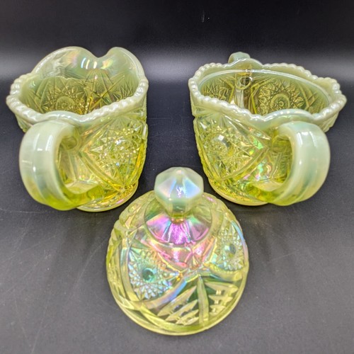 MOSSER URANIUM VASELINE GLASS OPALESCENT CREAMER AND SUGAR DISH WITH LID - Picture 7 of 17