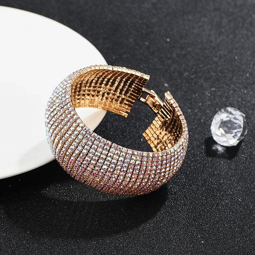 Full Rhinestones Bracelets Silver and Gold Crystal Cluster Wide Bangle - Picture 2 of 19