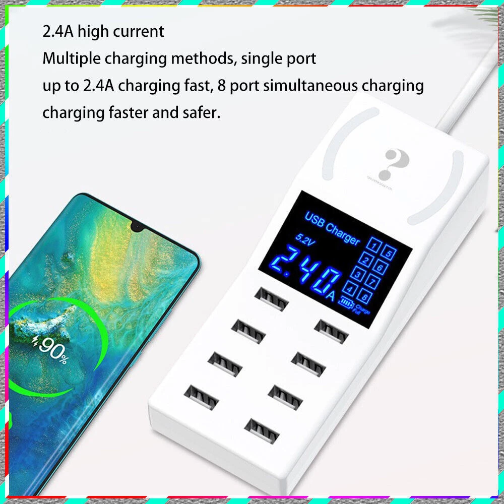 8-Port USB Hub with AC Adapter & Non-Slip Desktop Charging Station