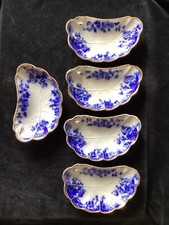 Antique - W.H. Grindley "Marguerite" 5 Bone Dishes - Flow Blue - gold trim