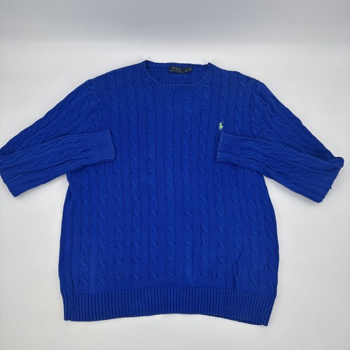 Polo Ralph Lauren Cable Knit Crewneck Sweater Men L Blue With Green Pony L@@K