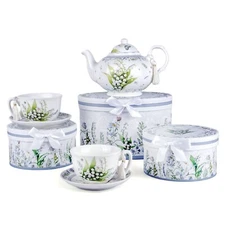 STPGOODS Lily of the Valley Bone China Teapot and Teacup Set for 2 Persons