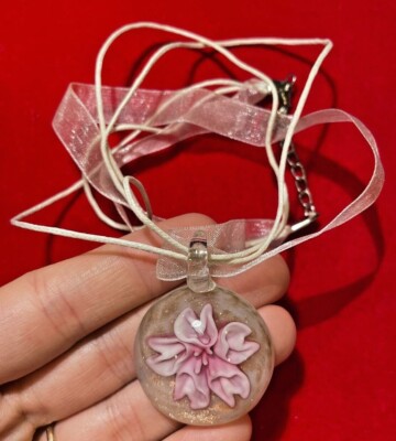 Vintage Murano Art Glass Gold Pink Flower Lamp work White Cord 18'' Necklace