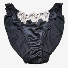 VTG Shiny Satin Panty Tap Lace French Cut Black Lounge Wear Sz. Small Hip 32-36"
