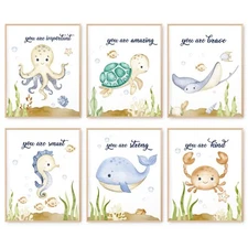 AnyDesign Texture of Dreams Watercolor Sea marine life Art Print Set of 6 (8"...