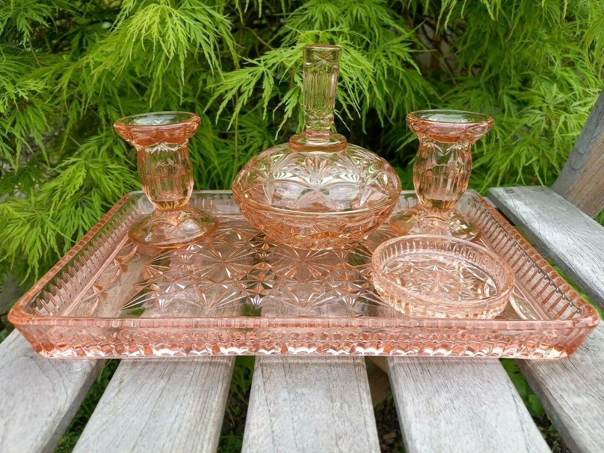 Vintage Art Deco Pressed Glass Dressing table Vanity Set in Pink Peach