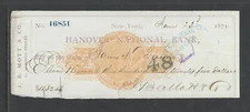 1871 J B MOTT & CO HANOVER NATIONAL BANK NEW YORK ANTIQUE CHECK w/ 2¢ REV STAMP