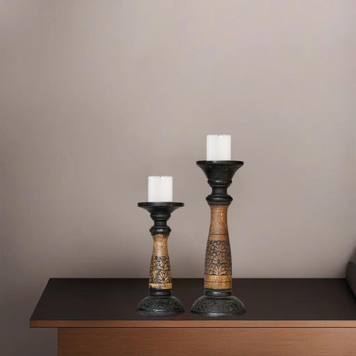 Traditional Black Wash Eco-friendly Handmade Mango Wood Set Of Two Candle Holder - Bild 23 von 38