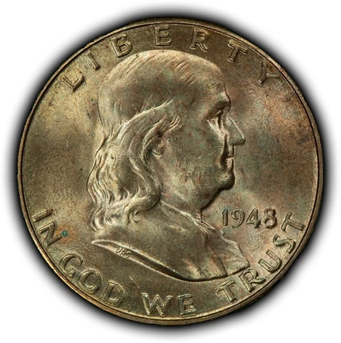1948-D 50c Franklin Silver Half Dollar - Neon Pastel Toning - BU - SKU-Y6326