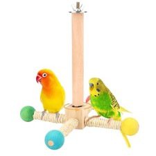 Spinning Bird Perch Stand Toy Natural Wood Interactive Exercise Wheel 4 Stands