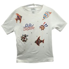 Vintage Bob Mackie Wearable Art Sequin Embroidered Fish T Shirt White Sz S