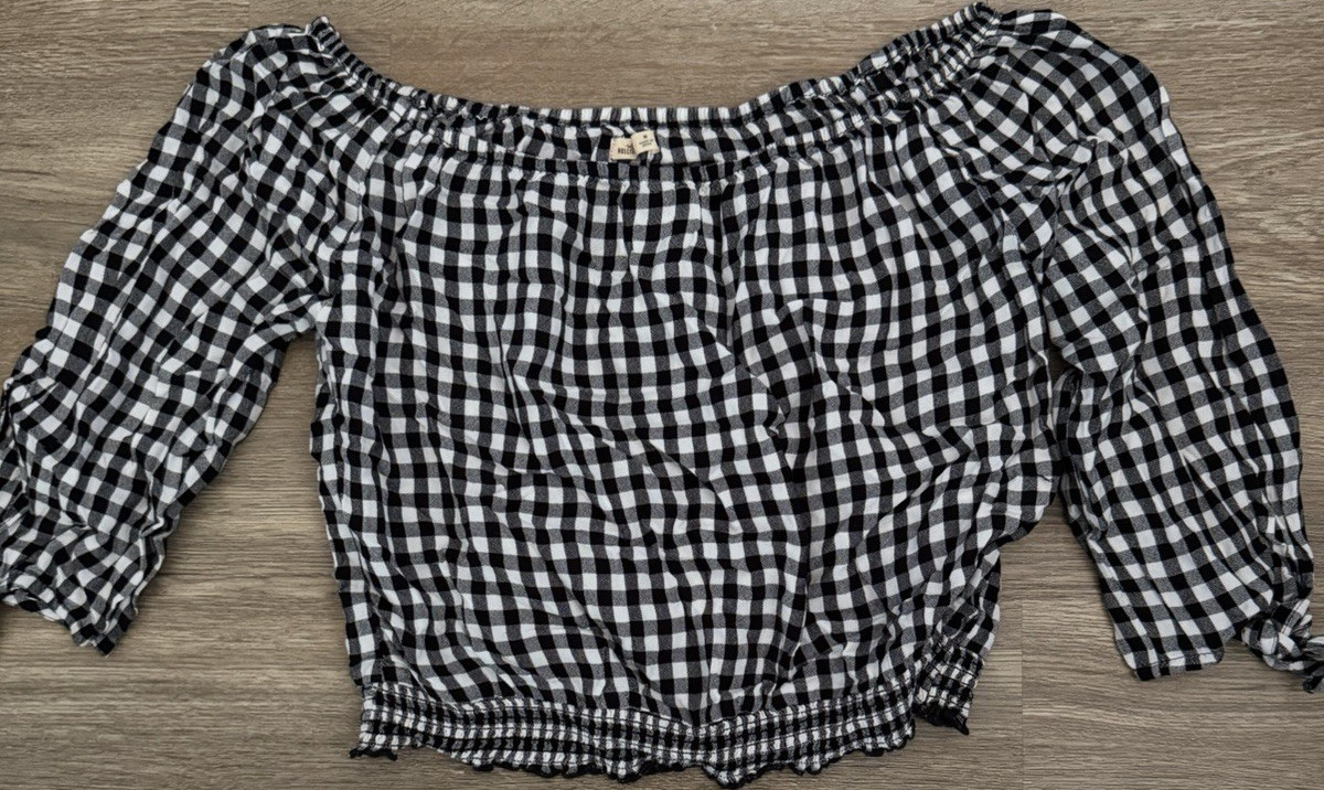 Black White Gingham Off-Shoulder Cropped Cotton Blouse with Tie Accent