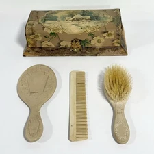 Vintage Victorian French Ivory Celluloid Vanity Set 1892 Box Mirror Brush Comb