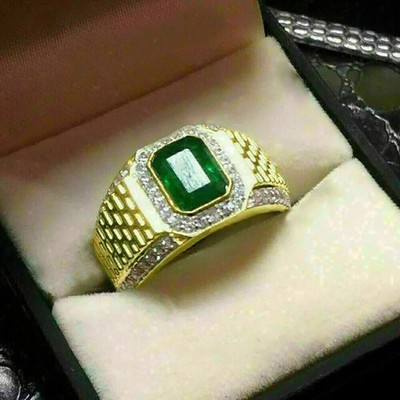 2Ct Lab-Created Emerald Diamond Men's Wedding Pinky Band Ring 14k Yellow Gold Fn