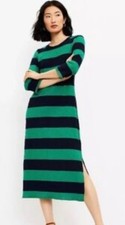 Preppy Sporty Classic Green Blu Striped 3/4 Sleeve Knit Midi Dress by LOFT Sz M