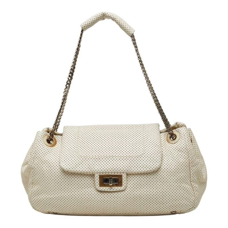 Chanel Matelasse Coco Mark 2.55 Punched Chain Shoulder Bag Off White Leather Lad