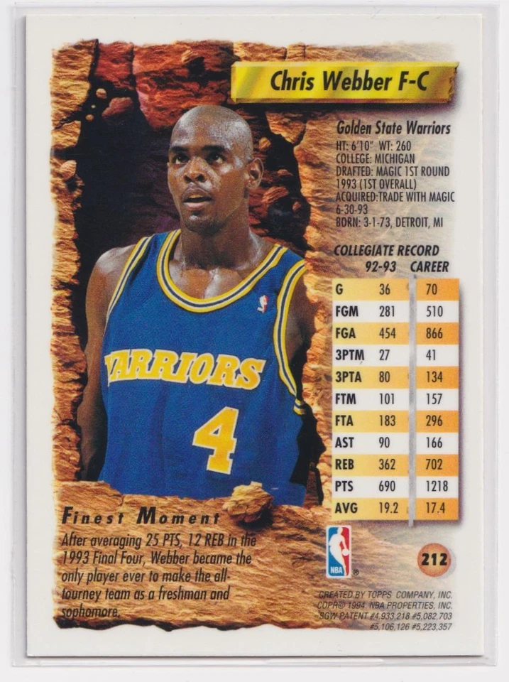 1993-94 Topps Finest Крис Уэббер RC #212 - Изображение 2 из 2