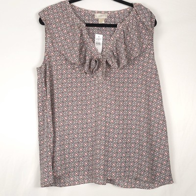 NEW Loft Women LARGE Sleeveless Blouse Top Ruffle V-Neck Red White Geo Print $45