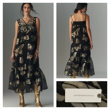 By Anthropologie Butterfly Midi Dress Black/Gold Foil Size Medium NWT $188