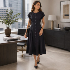 CALVIN KLEIN Women's New Midi ShirtDress Black 8 Fit Flare Button Front Pintuck