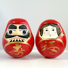 Vintage Japanese Couple Daruma Dolls Pair Pap...