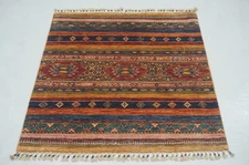 3x3 ft Multicolor Khorjin Afghan Hand Knotted Wool Tribal Small Square Rug