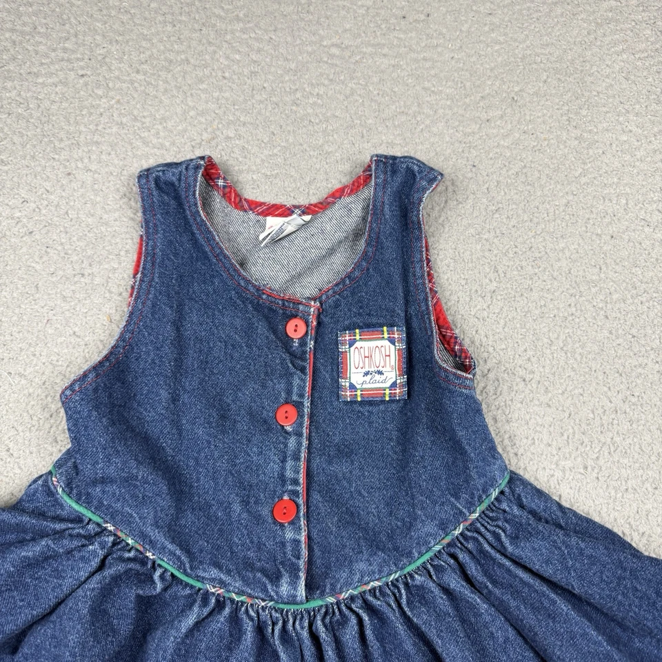 Vintage Oshkosh Bgosh Dress Girls 6 Blue Denim Plaid Sleeveless Made In USA - Image 2 of 4