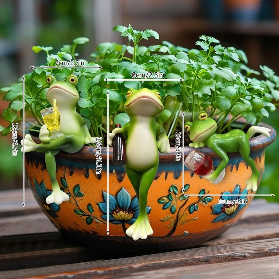 3 Stück Blumentopf Hänger Frösche Deko Figuren mit Weinglas,Frosch Deko Frösche - Bild 2 von 4