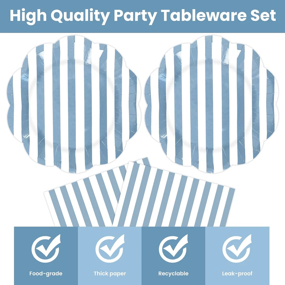 50 PIEZAS Platos y servilletas de papel a rayas azules suministros de fiesta, escala azul y blanca Foto 3 de 4
