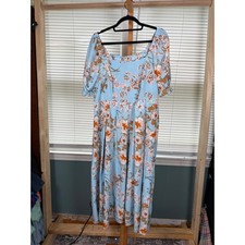 Shein Curve Light Blue Floral Puff Sleeve Square Neck Midi Dress 1XL Cottagecore